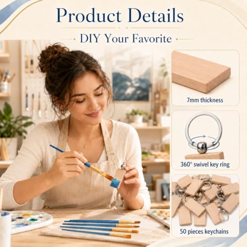 50 Pcs Unfinished Wooden Keychain Blanks Bulk with Oil Painting Brushes, 1.2 x 3.4in Rectangle Wood Laser Engraving Keychain Blanks with Key Rings for DIY Crafts Gift