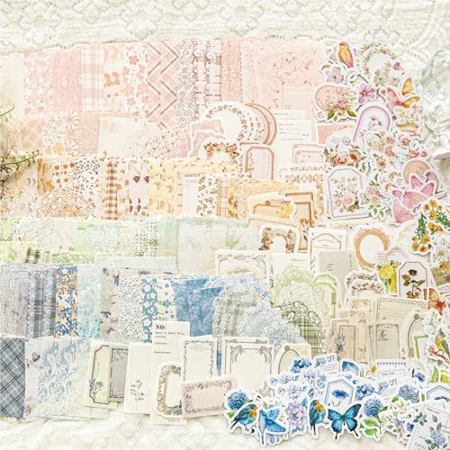 400Pcs Vintage Scrapbook Paper & Journaling Stickers Set, Mix Sizes Antiqu Printed Craft Paper, 4 Retro Design Junk Journal Supplies for DIY Card Making, Journaling, Photo Album & Decoration