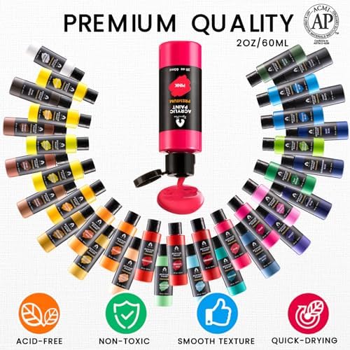 52 Pcs Acrylic Paint Set, 36 Colors 2oz/60ml Rich Pigments (Classic)