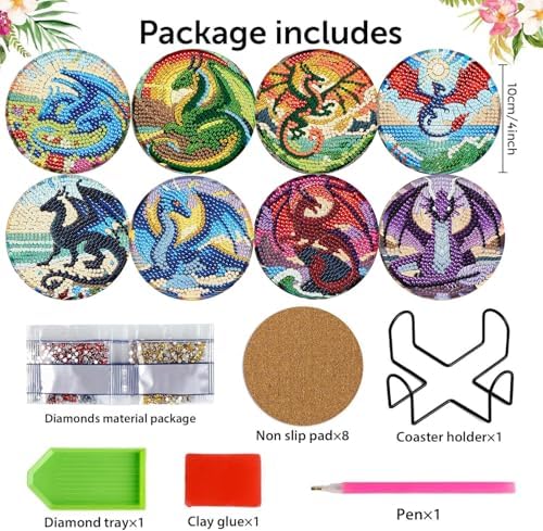 Zythron 8 Pack Diamond Art Coasters,Dragon Diamond Painting Coasters Kits