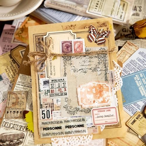 400Pcs Vintage Scrapbook Paper & Journaling Stickers Set, Mix Sizes Antique Single Side Printed Craft Paper for DIY Card Making, Journaling, Photo Album & Decoration