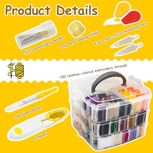 187Pcs Embroidery Floss Polyester Cross-Stitch Thread Kit with Tailoring Tools 150 Colors Friendship Bracelets Floss for Embroideries Sewing Handicraft DIY Project
