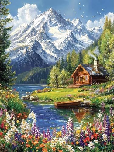 Accompany Wind Mountain Diamond Art Kits for Adults, 5D Mountain Cabin Landscape Diamond Painting Kits for Beginners,DIY Round Full Drill Diamonds Gem Art Crafts for Home Wall Decor Gifts 12x16 Inch