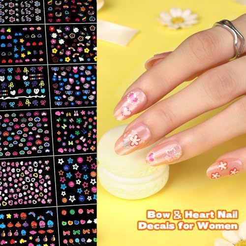 Teenitor 50 Sheets Nail Stickers for Kids, 3D Cute Girls Nail Art Stickers, Heart Flower Butterfly Bow Nail Decals for Nail Art, Fingernail Stickers for Women, Self Adhesive Nail Decorations in Summer