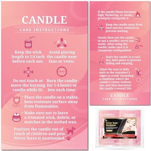 200 pack - Premium Handmade Candle Care Instruction Cards Pink 2x3.5 in, Small Business | Soy Bees Wax Melt, Candle Makers, Making Supplies Kit Set, Containers, Jars, Pot, Package
