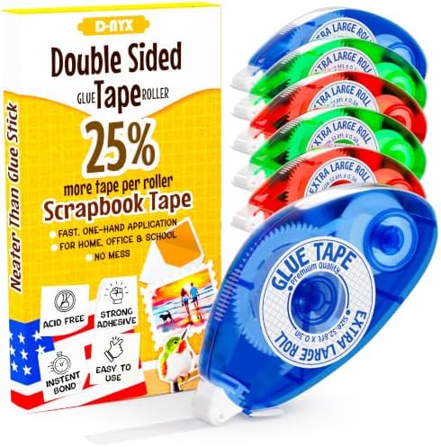 D-NYX 6 Pack Double Sided Tape Roller, Scrapbook Supplies, Double-Sided Adhesive Tape Runner for Scrapbooking, Glue Tape Roller for Crafts, School Office Journaling Supplies