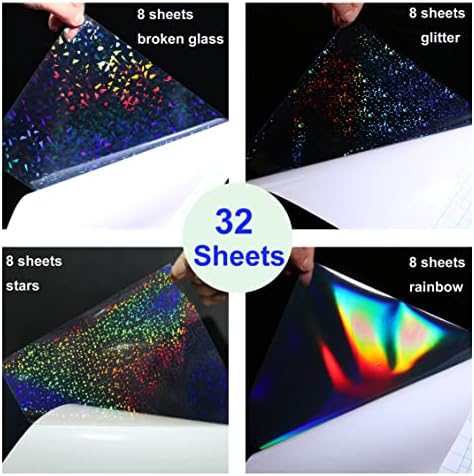 32 Sheets Holographic Sticker Paper Clear Laminating Sheets Adhesive Paper | Transparent Waterproof Rainbow Vinyl Sticker Paper A4 Size Holographic Laminate Sheets for DIY Crafts, with 4 Styles Mixed