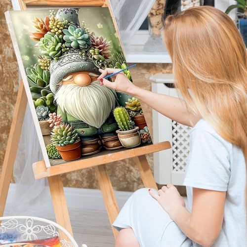 Bowetile Framed Paint by Numbers Gnome Kit for Adults, Adults' Paint-by-Number Kits on Canvas, Painting by Numbers Succulents, DIY Acrylic Number Painting for Home Wall Decor, 8x12in
