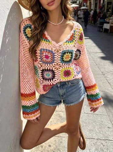 Kinghua Crochet Tops for Women Spring Summer Boho Floral Shirts Coverups