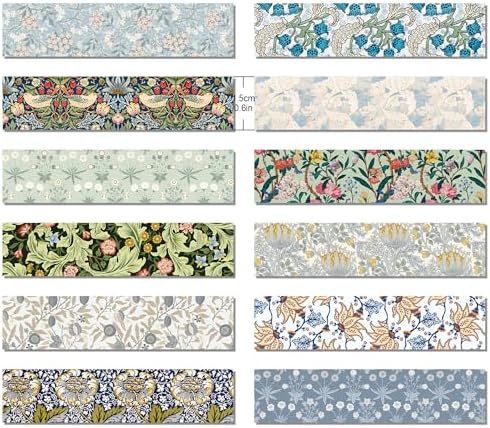 12 Rolls William Morris Washi Tape Set, 15 mm x 5 Meters Vintage Flower Decorative Masking Tape, William Morris Style Earthy Tones Botanical Patterns, for Arts DIY Craft, Scrapbook, Journal Supplies