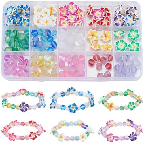 SUNNYCLUE 1 Box 150Pcs 6 Sets Flower Bracelet Making Kit Plumeria Flowers Beads with 10m Crystal String Summer Hawaii Ocean Beach Moonstone Beads for Jewelry Making Adults Supplies Adults Beginner