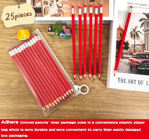 Adhere 25pcs Checking Pencils Erasable colored Pencils Pre-Sharpened #2 HB,for Checking Tests Grading,Map Coloring, editing Office Favors,including a Free sharpener. (Red)