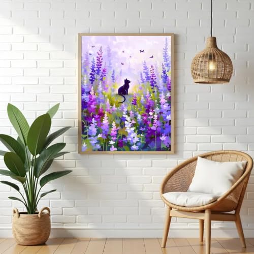 VeGuude Black Cat Diamond Art Kits for Adults,Lavender 5D DIY Full Round Drill Diamond Painting Kit,Landscape Scenery Diamond Art Gem Painting for Gift Home Wall Decor (12x16 inch)