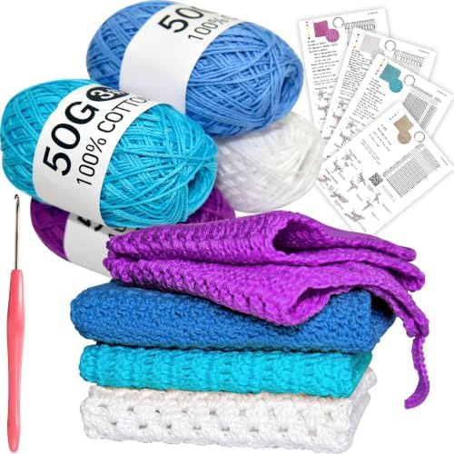 zwzxd Beginner Crochet Kit: Cotton Thread, Hooks & DIY Dishcloth Tutorial （Cool Blue-Purple）