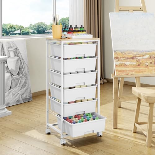 6 Drawer Rolling Storage Cart with Wooden Top and Wheels for Crafts,White