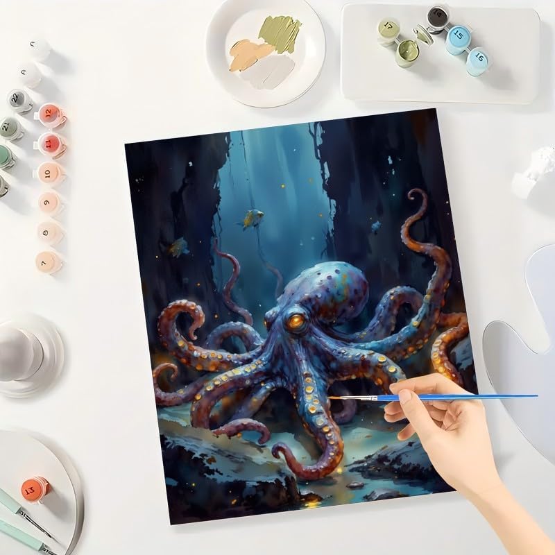 ENTORLAB Underwater Fantasy Paint by Numbers Kit for Adults - DIY Glowing Octopus in Cave Painting on Canvas 8X12IN Framed, Acrylic Paint Set, Suitable for Beginners, Art for Home Decoration or Gifts