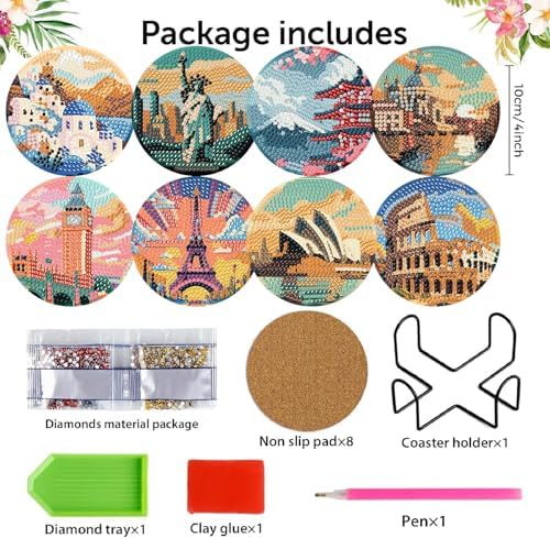 NEGEKFKX 8 Pcs Famous Buildings Diamond Art Painting Coasters Kits ﻿ ﻿