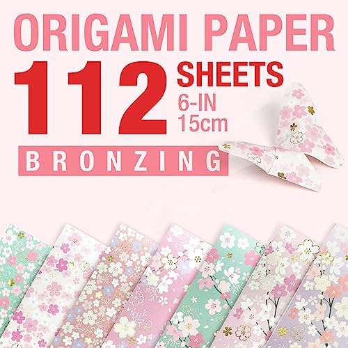 112 Sheets Heavier Origami Paper Japanese Cherry Blossom Pattern Sakura Bronzing Chiyogami 6" 15cm Washi Easy Fold Paper for Beginner