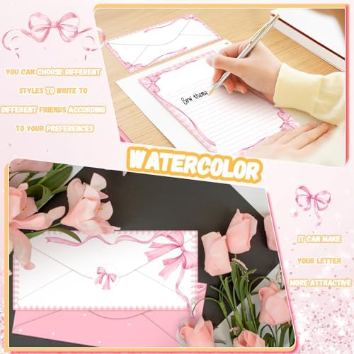 TaoBary 160 Pcs Pink Bow Stationery Paper and Envelopes Set, 8.5 X11''