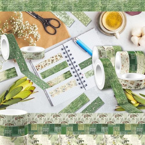 12 Pcs Green Floral Washi Tape Vintage Flower Pattern Masking Tape Decorations Green Floral Decorative Paper Sticker for Vintage Spring DIY Craft Gift Wrapping