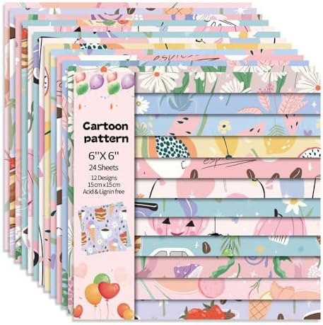 6x6" Cardstock Single Sided Scrapbooking,Craft Decorative Scrap Book Paper | 160gsm,24-Sheet 12Patterns Colored Paper,Junk Journal Supplies,Vivid Origami Papers DIY Craft Gift Wrapping Album.Cartoon