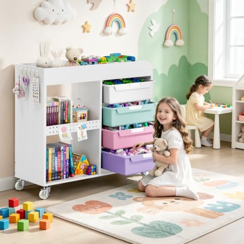 SYKIARIOL Craft Organizers and Art Supply Storage, Art Cart, Ice Cream | Rolling Cart with 4 Drawers & Metal Pegboard, 5 Hooks, Cute Macaron Color Magnets for Craft Room, Office, Classroom