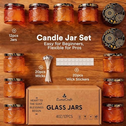 LumaCraft Luxury Embossed Glass Candle Jars for Making Candles - 12 Pack 4oz Empty Candle Containers with Airtight Metal Lids, 20 Wicks & 20 Stickers, Colored Glass Jars for Gifts & Decor