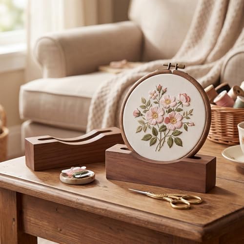 Chunful 6 Pcs Embroidery Hoop Display Stand Wooden Embroidery Frames Holder 2 Tier Groove Cross Stitch Hoop Stand Base Accessories for Display Home Exhibition (5.31" X 1.3" X 1.5",Walnut Color)