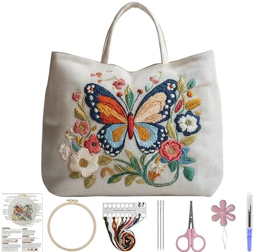 ARTopet Embroidery Tote Bag Kit for Beginners Butterfly Canvas Cross Stitch Handbag with Hoops Needles Threads Reusable Grocery Bag for Women-Butterfly04