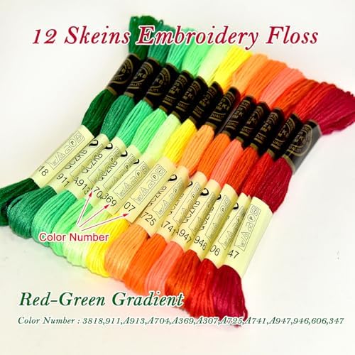 Premium Rainbow Color Embroidery Floss - Cross Stitch Threads - Friendship Bracelets Floss - Crafts Floss - 12 Skeins Per Pack Embroidery Floss,Red-Green Gradient