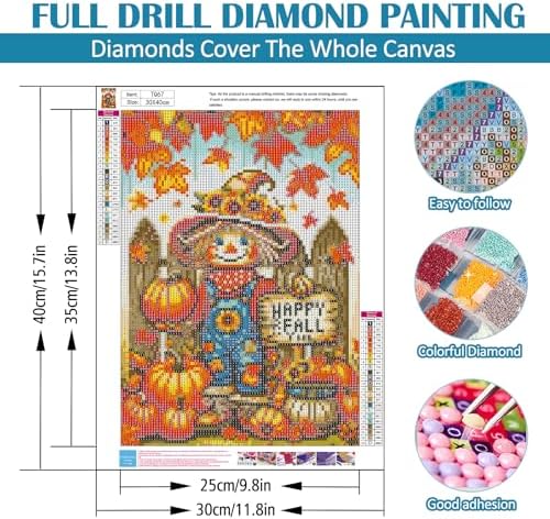 Happy Fall Scarecrow Diamond Painting Kits for Adults, 5D Pumpkin Diamond Art Kits for Adults Beginners, DIY Full Round Drill Diamond Dot Painting Gem Art Kits for Adult,Home Wall Decor 11.8x15.7 Inch