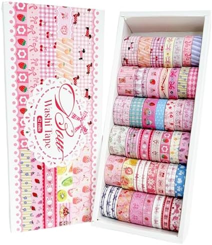 42 Rolls Bow Aesthetic Washi Tape Set with 10 Organizer Cards, Cute Pink Decorative Masking Tape for Journaling, Scrapbooking, Planners, Junk Journal, Gift Wrapping, DIY Crafts and Stationery Supplies
