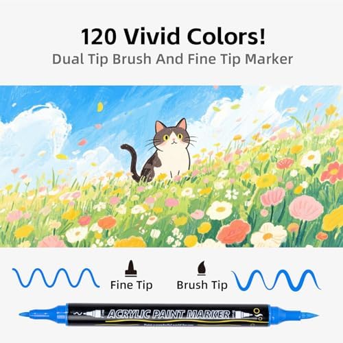 WINSONS 120 Colors Acrylic Paint Markers, Dual Tip with Fine Tip and Brush Tip Pens for Rock Painting Supplies, Canvas, Wood, Calligraphy, Metal, Ceramic, Glass, DIY Crafts Art Supplies Kit