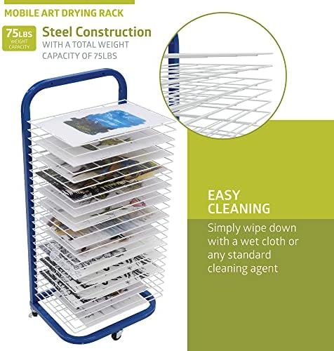 Pearington 25-Shelf Mobile/Wall Mountable Art Drying Rack for Art Studios & Classrooms, 13" D x 17.5" W x 39.4" H, Blue/White