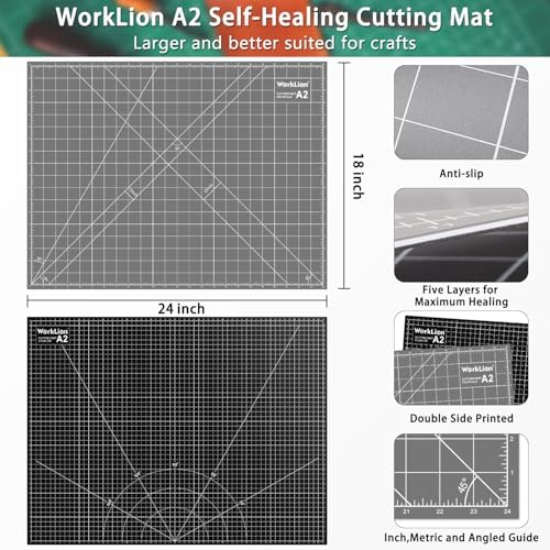 WorkLion Cutting Mat for Sewing: 24''x18'' Double-Sided Sewing Cutting Mat, 5-Ply Rotary Cutting Board for Sewing, Quilting & Crafts, Grey/Black