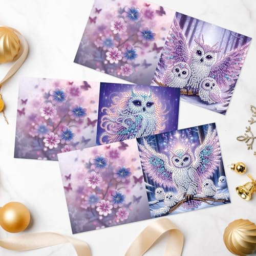 6 Pack Diamond Art Greeting Card Kits with Envelopes, Special Shaped Diamond Painting Cards, DIY Rhinestone Diamond Art Cards for Birthday Christmas Mother Day (Owl Mother and Owlet, 30x15cm)
