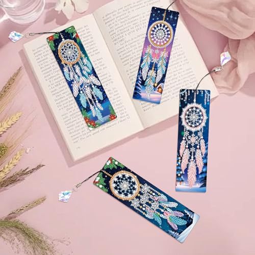 4 Pieces 5D Diamond Painting Bookmarks for Adults, Dreamcatcher Rhinestone Bookmarks with Tassels, DIY Handmade Diamond Art Bookmark Craft Kit, Unique Book Marks Set for Book Lovers