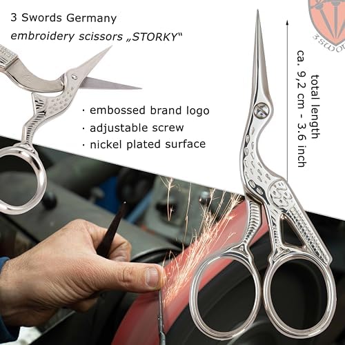 3 Swords Germany - Embroidery Scissors, Stork Scissors Shears for Art Work, Daily Use in Household, Sewing, crocheting, Art Work, Craft, needle work with black Synthetic Leather case