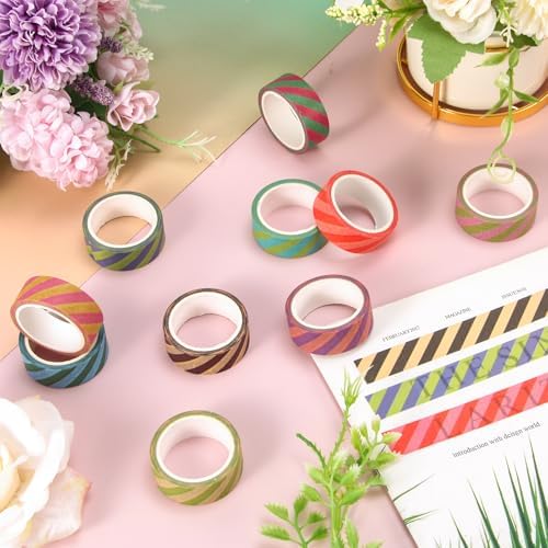 Whaline 12 Rolls Striped Washi Tape Masking Tape Set Colorful Cabana Stripe Decorative Wrapping Paper Tapes Boxed for Birthday Scrapbook Journal DIY Crafts