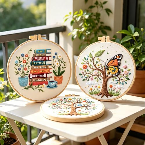 Qupace 3 Pcs Tree Embroidery Kits for Beginners Adults - Cross Stitch Sewing Craft Set with 3 Embroidery Hoops & 3 Finished Stands,Book Needlework Kit