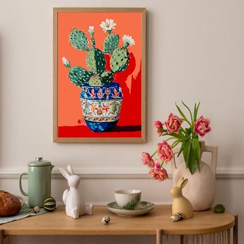 Auremi Cactus Framed Paint by Number for Adults,DIY Flower Painting by Number Kits on Canvas Acrylic Oil Painting Kits for Adults Paint by Number Kits for Home Decor 20x30cm