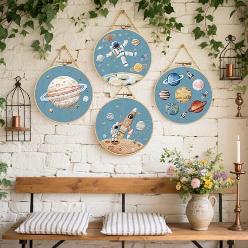 FREEBLOSS 4 Set Embroidery Kit for Beginners Adult Astronaut Stamped Embroidery Starter Kit with Instructions Needlepoint Accessories and Supplies for Stitch Craft, 2 Hoops 20cm/7.9inch