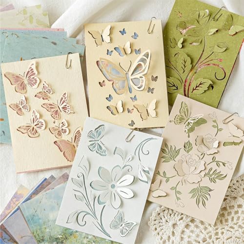 144PCS Vintage Scrapbook Paper Textured Journaling Scrapbooking Supplies Kit Hollow Out Decorative Craft Paper Assorted for Bullet Junk Journals Card Making Craft DIY, Paper Butterflies