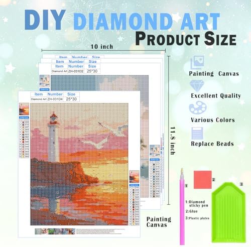 XUNLURY Ocean Beach Diamond Art Kits 4 Pack 10x11.8 Inch, Beach House Room Decor,Tropical Coastal Ocean Oyster Palm Tree Nautical Sailboat DIY Diamond Gem Painting Art Kits for Kids Adults Beginners