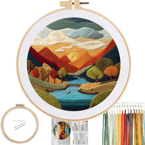 FONNUY Embroidery Kit for Beginners, Brightly Colored Landscape Lake Pre-Stamped Pattern Kits for Adults with Hoop, Easy to Follow Color Thread Needlework, 8'' Hoop (SkyBlue)