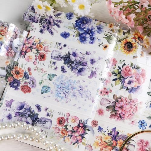 Sitsink Journaling Scrapbook PET Tapes - Floral Scrapbooking Junk Journal Supplies, Flower Decorative Tapes for Art Crafts, Aesthetic Washi Tapes Scrapbooking Supplies, Floral Journaling Tapes
