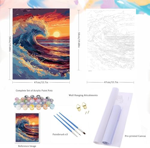 Natuyalo Paint by Numbers for Adults - DIY Adult Paint by Number Kits Painting on Canvas Sea Wave Painting by Numbers for Beginners, Sunset Seascape Art Craft Kits for Adults (16x20 Inch)