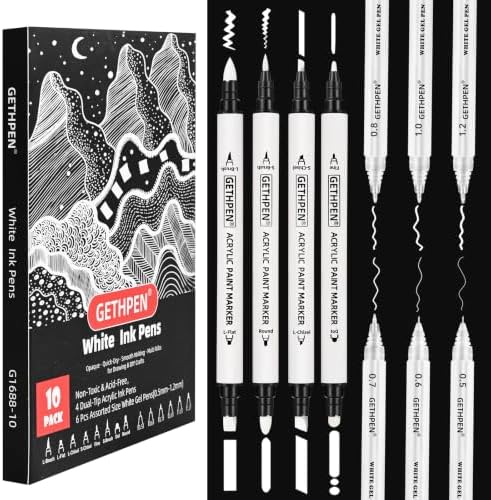GETHPEN White Ink Pens Set, Gel Pen & Dual-Tip Acrylic Markers 10 Pack