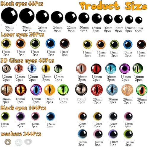 CSCHENGO 507Pcs Glass Craft Safety Eyes 10-35mm 3D Shiny Round/Moon Eyes/Black Eyes with Noses/Glasses/Tags,for Adult DIY Crochet Handmade Craft Figurines Plush Crafts