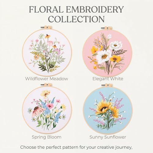 Harimau Adult Beginner Embroidery Starter Kit, Complete Set with 4 Patterns, 2 Hoops, Needles, Scissors, Instruction Guide & Stitching Video Tutorials